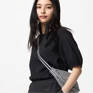 Uniqlo Black Textured Top with Gingham Bag